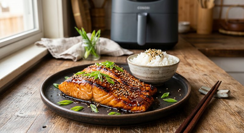 Filets de saumon laqués teriyaki dorés à l'airfryer parsemés de graines de sésame blanc