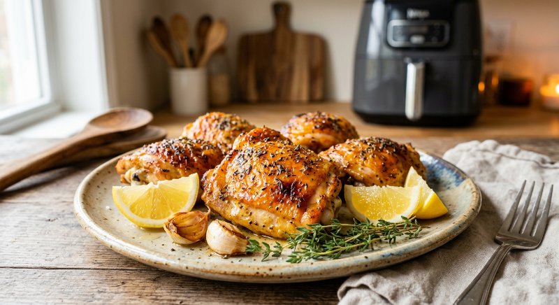 Cuisses de poulet rôties à la moutarde et au miel bien dorées dans le panier d'un airfryer