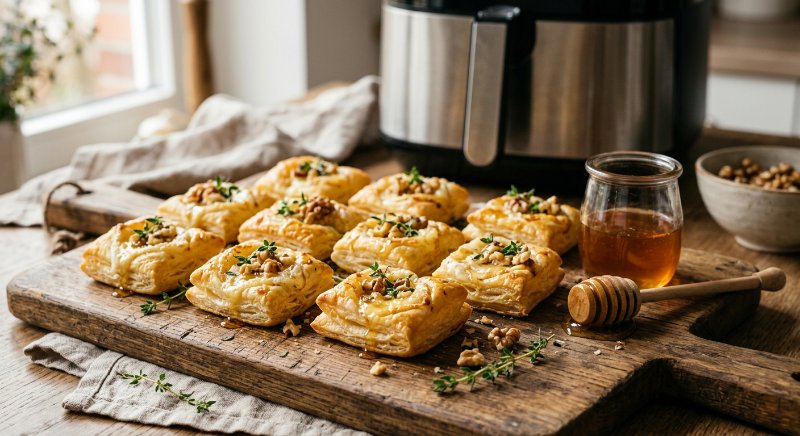 Mini-feuilletés dorés au chèvre et au miel cuits à l'airfryer sur une assiette de service