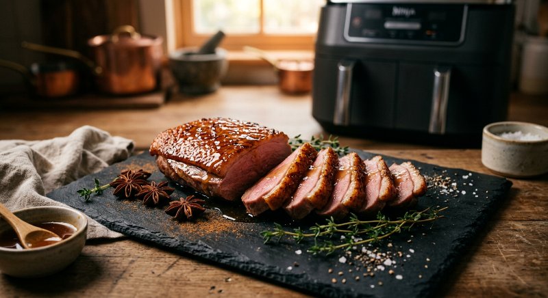 Magrets de canard laqués aux cinq-épices et miel dorés et tranchés à l'airfryer