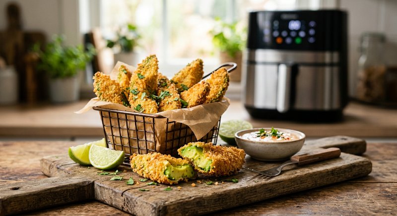 Quartiers d'avocat panés et dorés cuits à l'airfryer disposés sur une assiette avec un ramequin de sauce