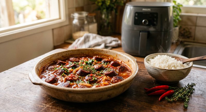 Rougail saucisse fumée mijoté aux tomates et épices cuit à l'airfryer
