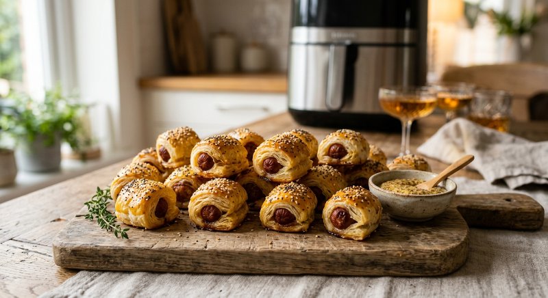 Mini feuilletés dorés aux saucisses cocktail cuits dans le panier de l'airfryer