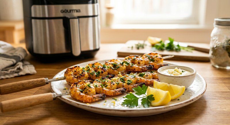 Brochettes de crevettes marinées au citron et grillées à l'airfryer