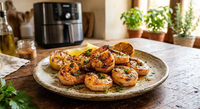 Crevettes marinées à l'ail et épices dorées à l'airfryer avec quartiers de citron et persil