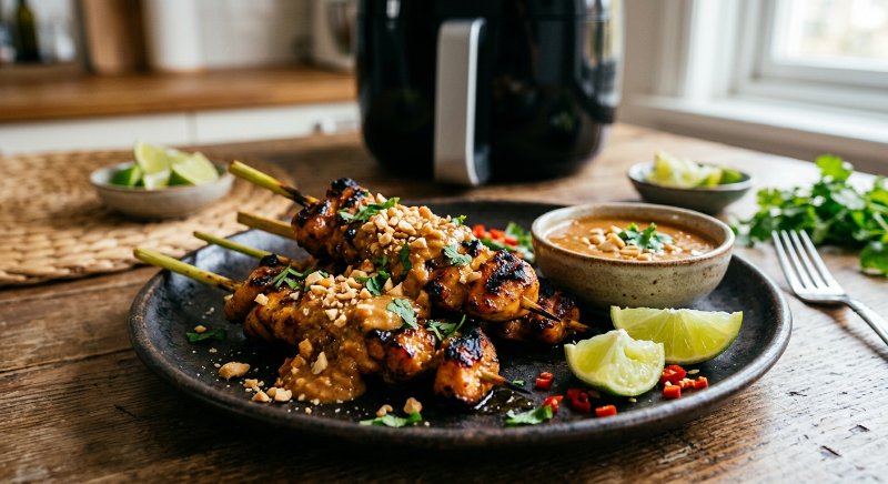 Brochettes de poulet satay dorées et grillées à la sauce cacahuète dans un panier airfryer