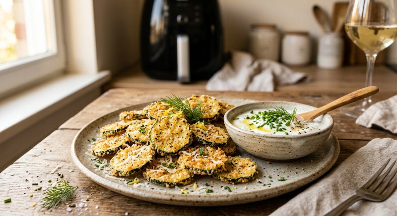 Rondelles de courgettes dorées et panées au parmesan croustillantes dans un panier de friteuse sans huile