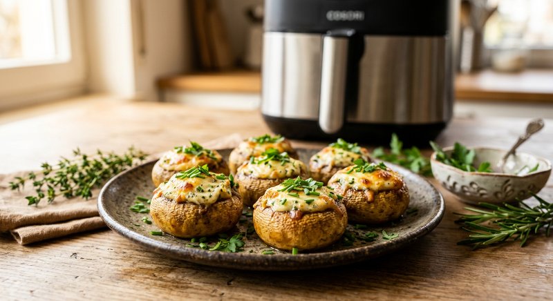 Champignons de Paris farcis au fromage frais et fines herbes dorés à l'airfryer