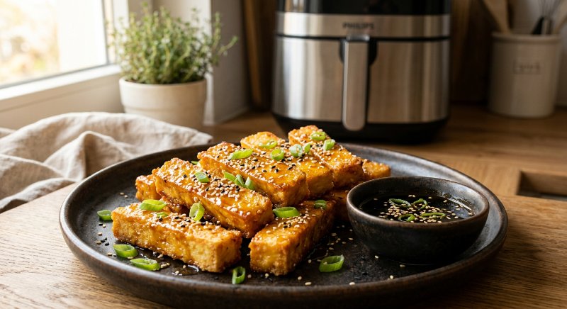 Bâtonnets de tofu marinés au soja et miel dorés et croustillants cuits à l'airfryer
