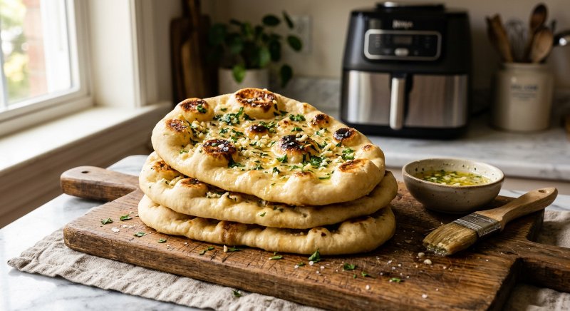Pains naan dorés badigeonnés de beurre à l'ail et coriandre fraîche cuits à l'airfryer