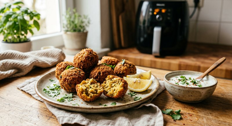 Boulettes de lentilles dorées et croustillantes cuites à l'airfryer servies avec une sauce au yaourt