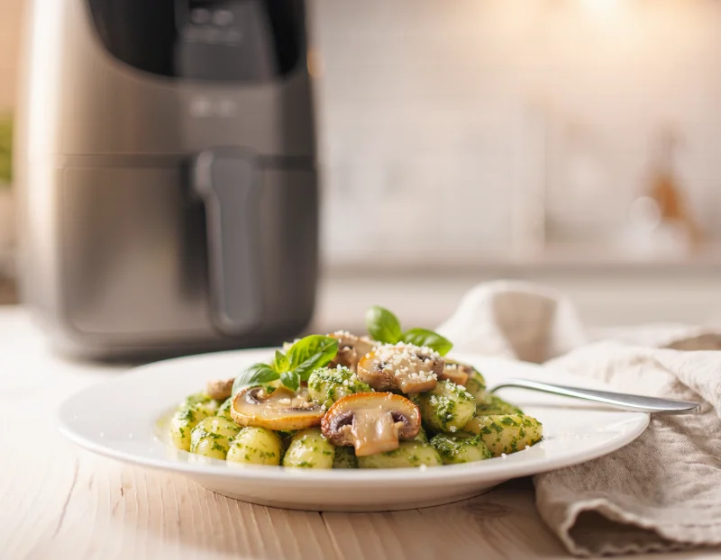 Gnocchis fondants au pesto de basilic maison et champignons rôtis à l'airfryer