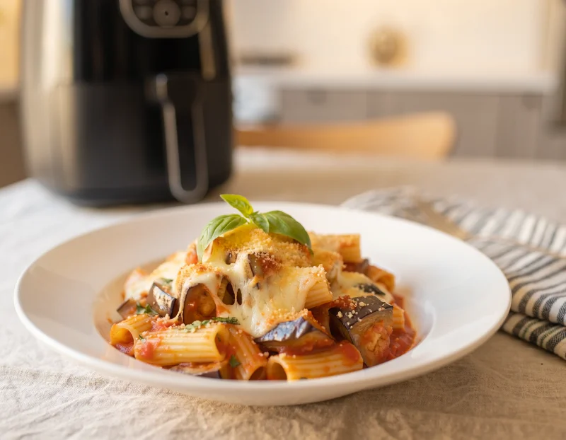 Gratin de pâtes crémeux aux aubergines rôties et mozzarella dorée dans un plat à airfryer