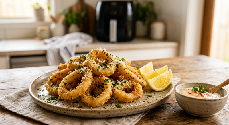 Rondelles de calamars dorées et croustillantes au parmesan et à l'ail servies avec sauce citronnée