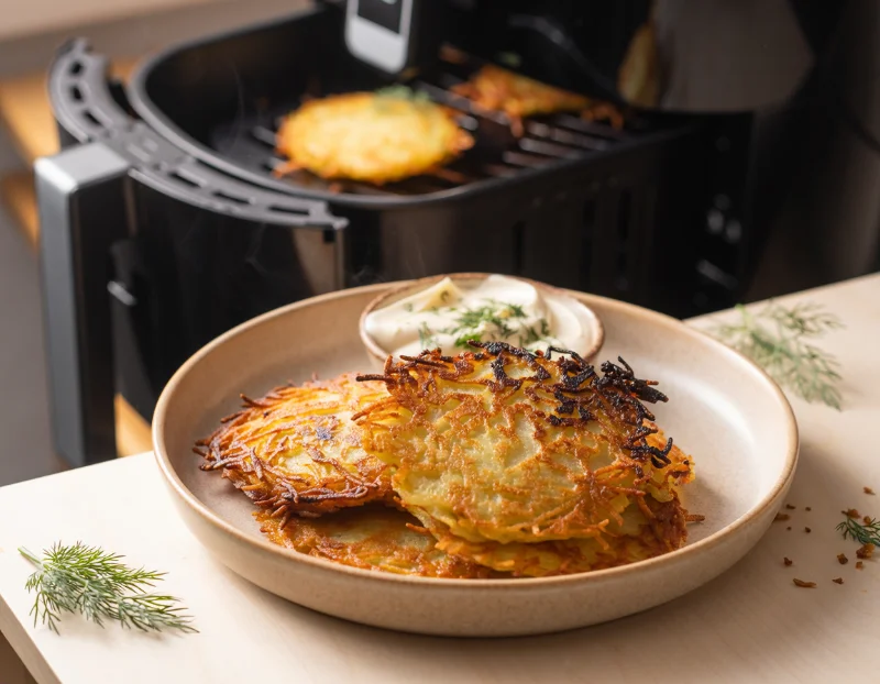 Röstis de pommes de terre dorés et croustillants au parmesan avec sauce crémeuse à l'aneth