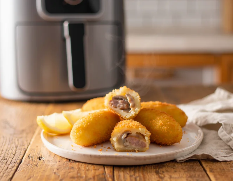 Croquettes dorées de pommes de terre et saucisse cuites à l'airfryer sur un plat de service