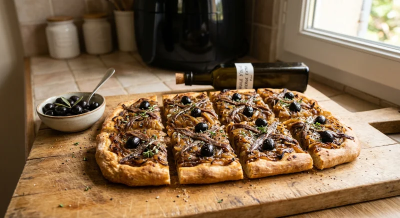 Pissaladière niçoise dorée et croustillante cuite à l'airfryer avec oignons confits, anchois et olives noires