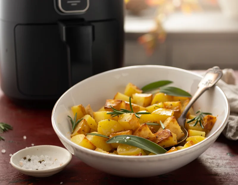Poêlée de pommes de terre dorées et morceaux de pomme caramélisés au romarin dans un panier airfryer
