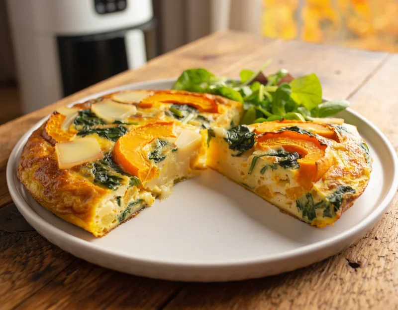 Omelette épaisse dorée à la courge, épinards et comté découpée en parts dans un plat pour airfryer