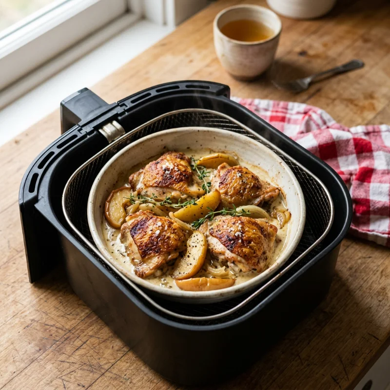 Hauts de cuisse de poulet dorés avec morceaux de pommes et sauce crémée au cidre dans un plat pour airfryer