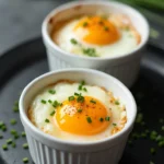 Air fryer eggs in white ceramic ramekins topped with fresh chives and black pepper