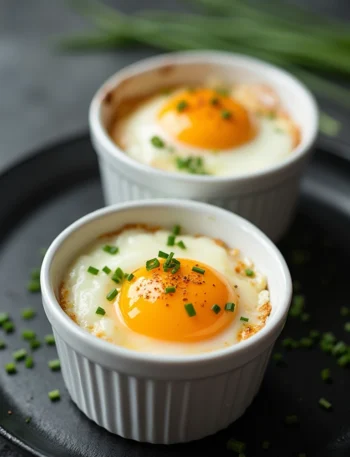 Air fryer eggs in white ceramic ramekins topped with fresh chives and black pepper