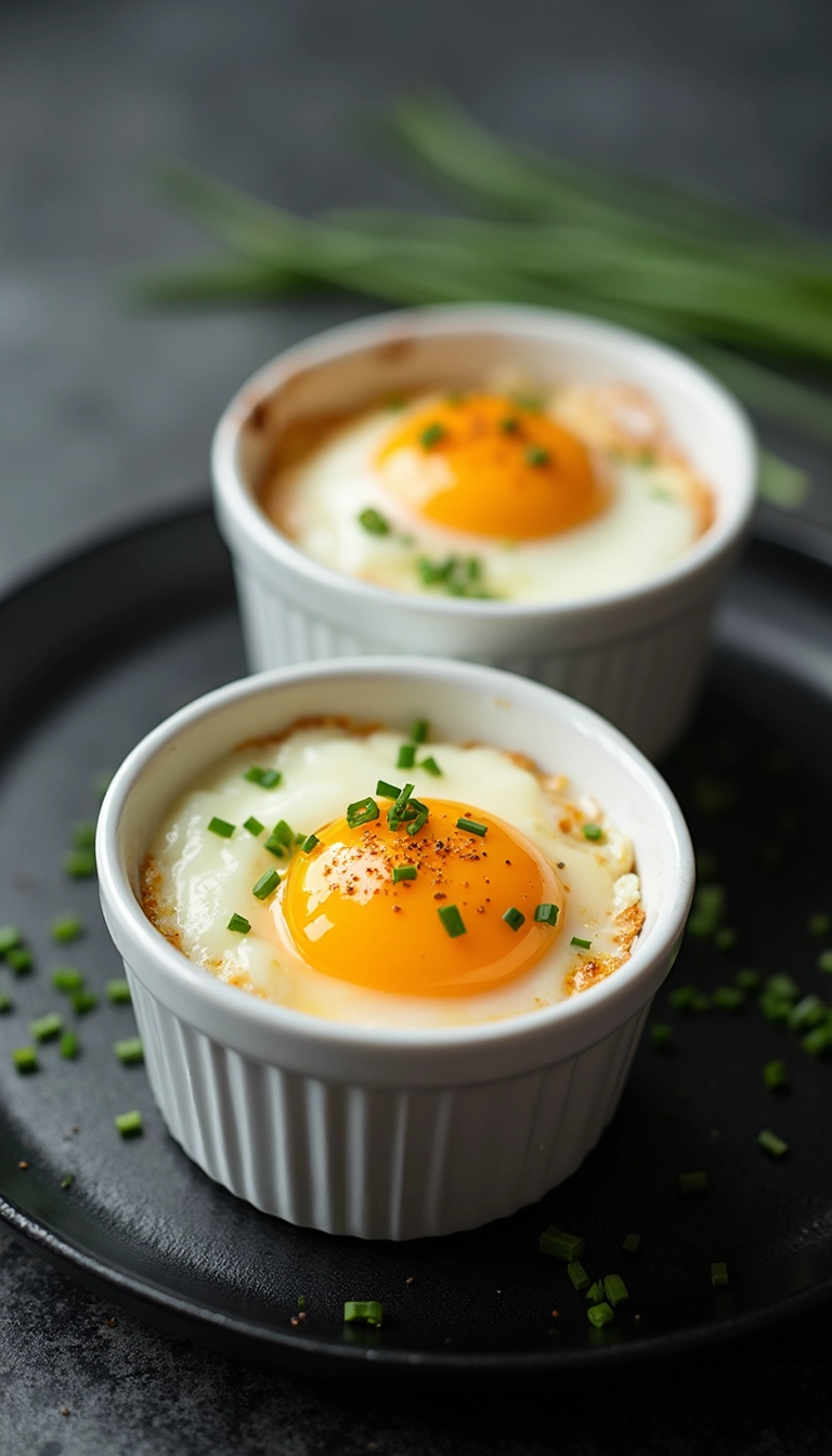 Air fryer eggs in white ceramic ramekins topped with fresh chives and black pepper