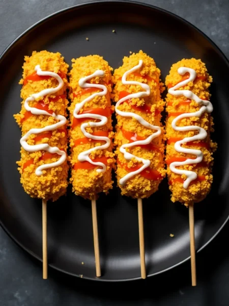 Crispy homemade air fryer corn dogs with golden cornflake coating