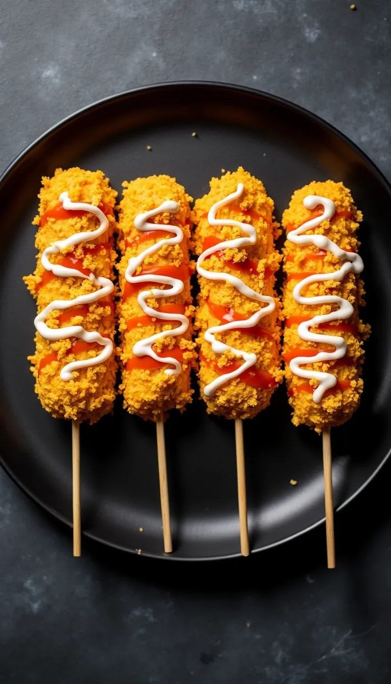 Crispy homemade air fryer corn dogs with golden cornflake coating