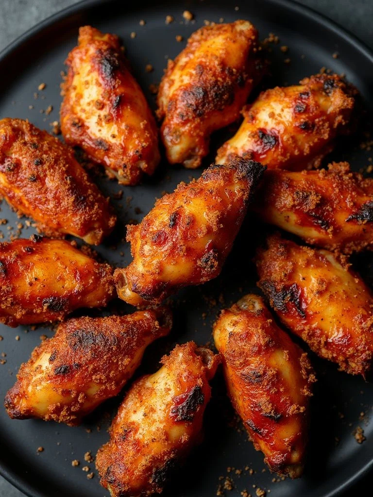 Crispy air fryer chicken wings with golden-brown skin and mustard seasoning