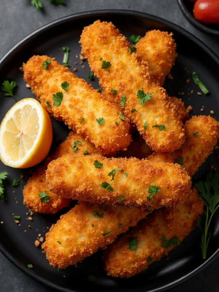 Crispy golden-brown fish sticks in air fryer served with lemon and fresh parsley on black plate