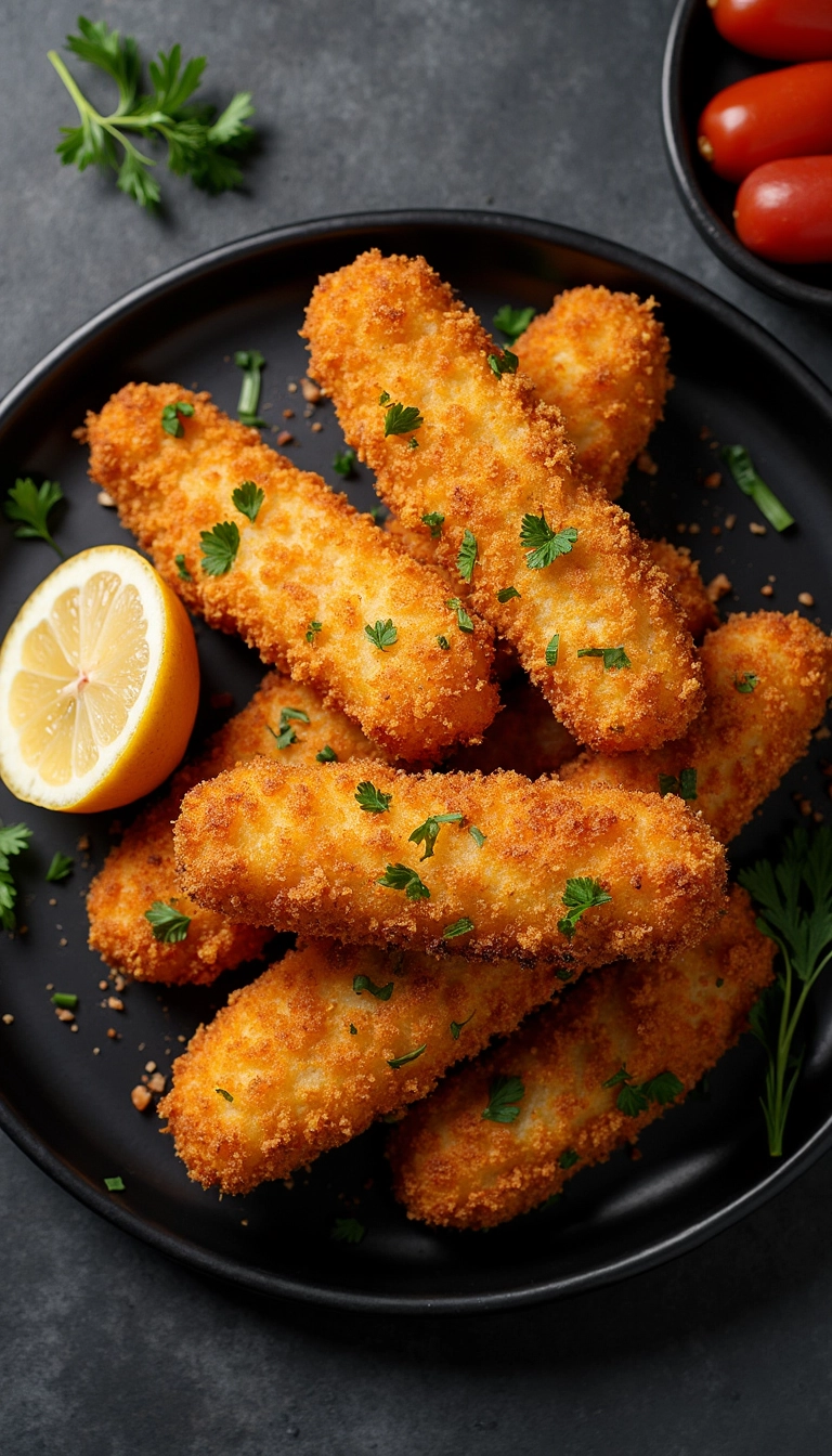 Crispy golden-brown fish sticks in air fryer served with lemon and fresh parsley on black plate