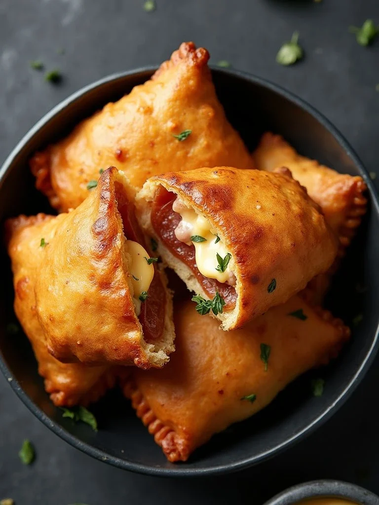 Crispy pizza hot pocket made in air fryer with melted cheese and salami filling