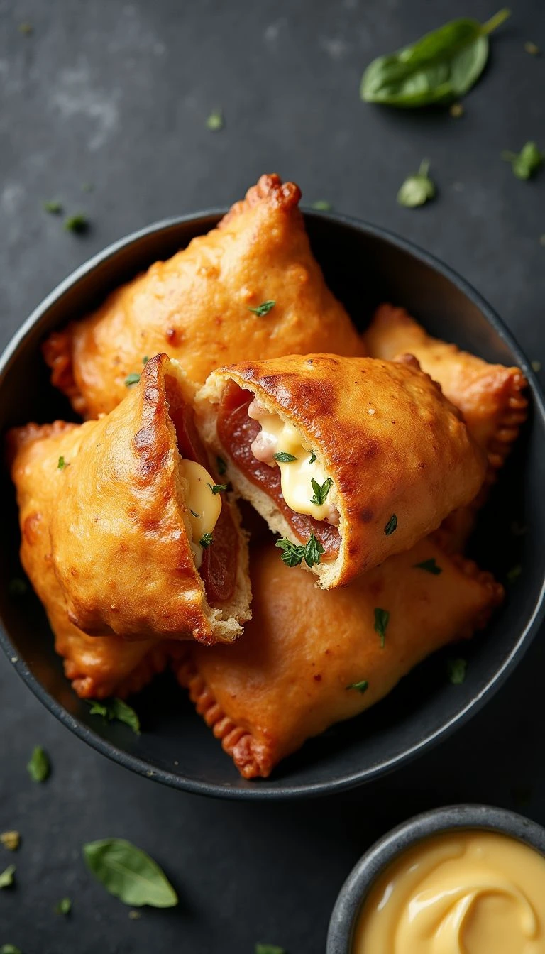 Crispy pizza hot pocket made in air fryer with melted cheese and salami filling