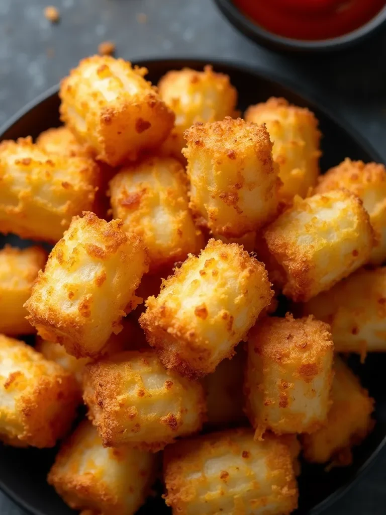 Crispy golden-brown air fryer tater tots arranged on a serving plate