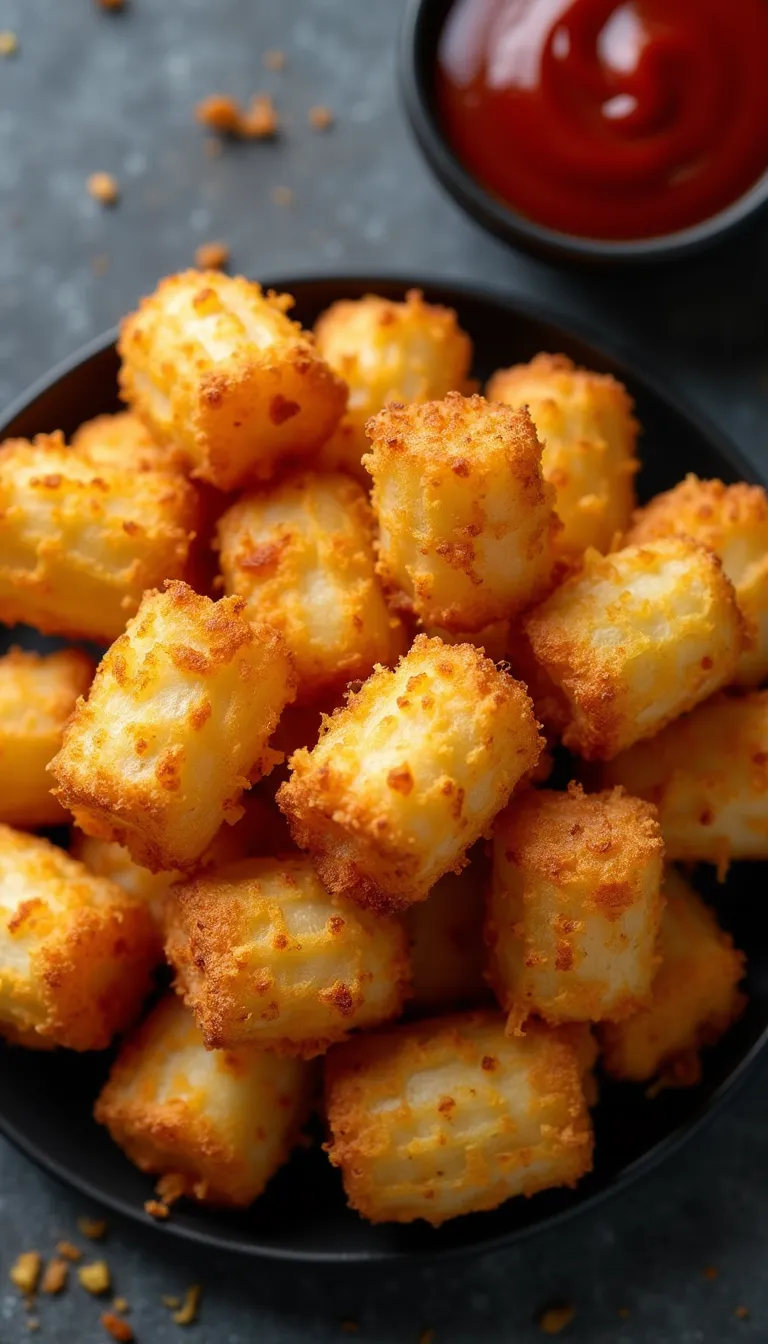 Crispy golden-brown air fryer tater tots arranged on a serving plate