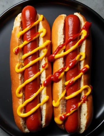 Perfectly cooked hot dogs from air fryer served in toasted buns with classic yellow mustard and ketchup drizzle on black plate