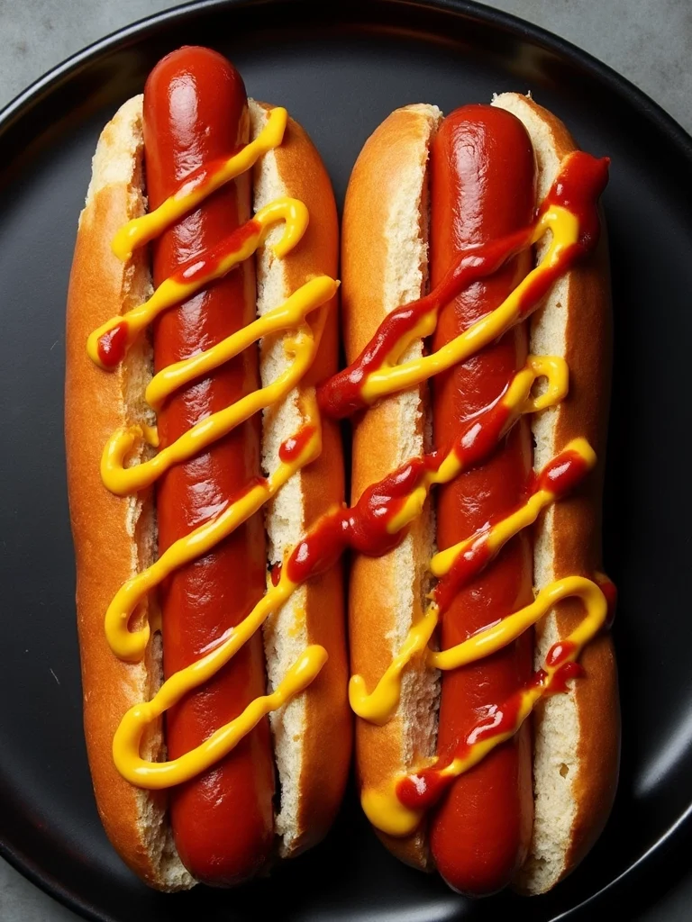 Perfectly cooked hot dogs from air fryer served in toasted buns with classic yellow mustard and ketchup drizzle on black plate