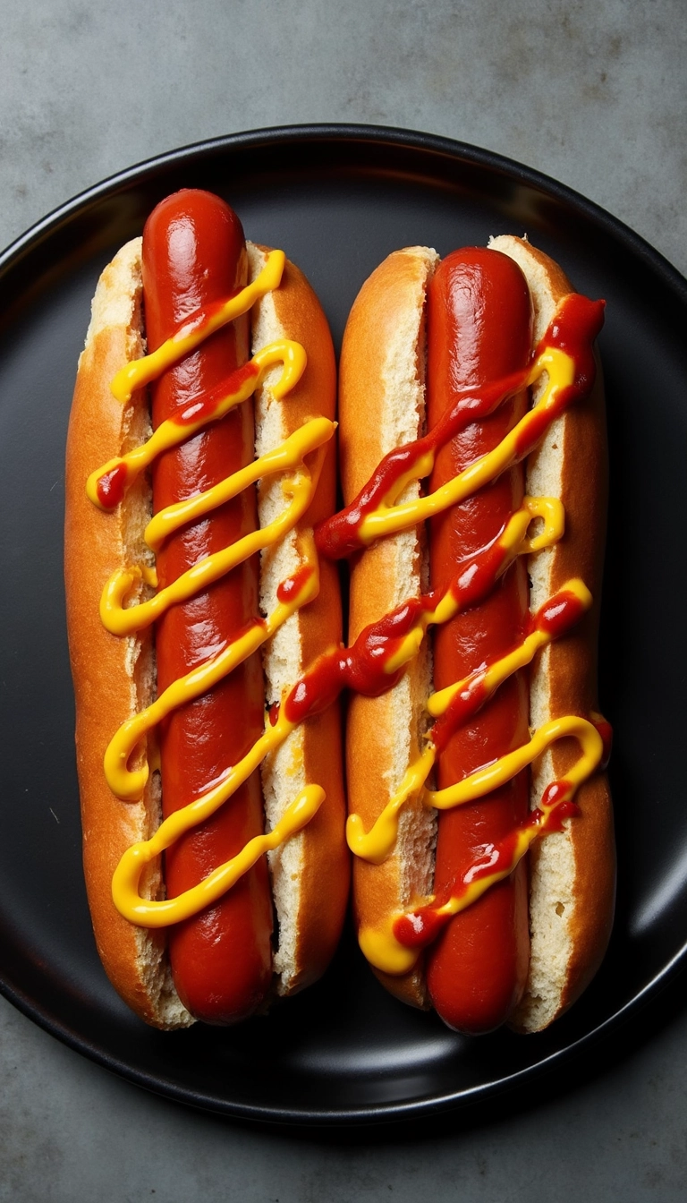 Perfectly cooked hot dogs from air fryer served in toasted buns with classic yellow mustard and ketchup drizzle on black plate