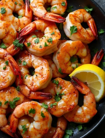 Crispy air fryer shrimp garnished with fresh parsley and lemon wedges, served in a black plate