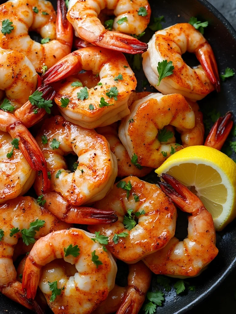 Crispy air fryer shrimp garnished with fresh parsley and lemon wedges, served in a black plate