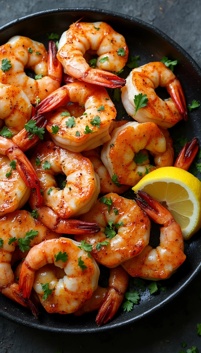 Crispy air fryer shrimp garnished with fresh parsley and lemon wedges, served in a black plate