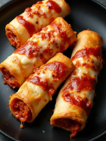 Crispy homemade pizza rolls in air fryer, golden brown and cheese melting