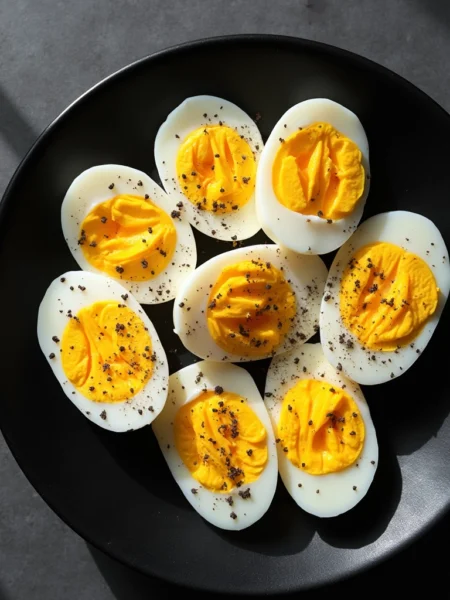 Air fryer hard boiled eggs cut in half, showing bright yellow yolks, arranged on a black plate with freshly cracked black pepper