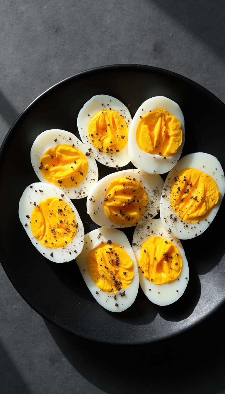 Air fryer hard boiled eggs cut in half, showing bright yellow yolks, arranged on a black plate with freshly cracked black pepper