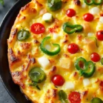 Air fryer omelette topped with cherry tomatoes, jalapeños and fresh herbs in a black pan