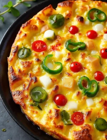 Air fryer omelette topped with cherry tomatoes, jalapeños and fresh herbs in a black pan