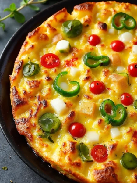 Air fryer omelette topped with cherry tomatoes, jalapeños and fresh herbs in a black pan