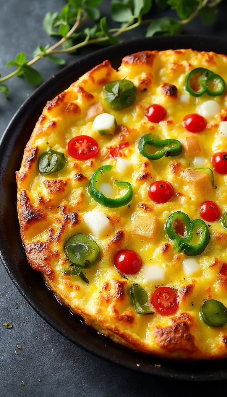 Air fryer omelette topped with cherry tomatoes, jalapeños and fresh herbs in a black pan