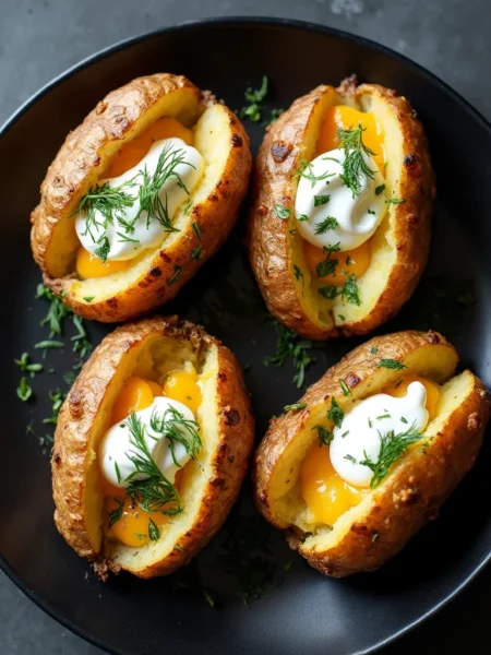 Perfectly crispy baked potato in air fryer with melted cheese and sour cream on top